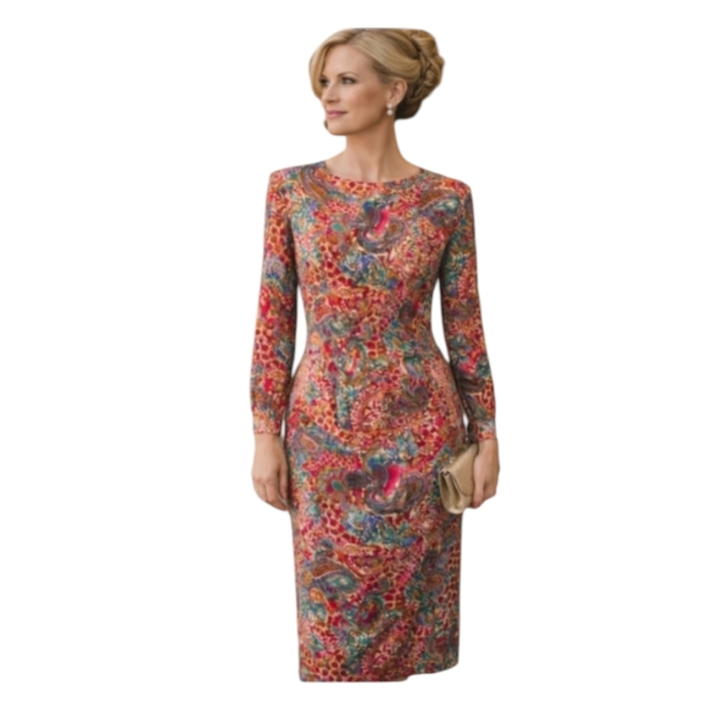 100% silk Dress Office Siren Moroccan scroll print blue/orange long sleeve  sz 4